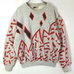 Daxヴィンテージ総柄スウェットトレーナー柄物デザイン赤灰グレーレッドUSA古着