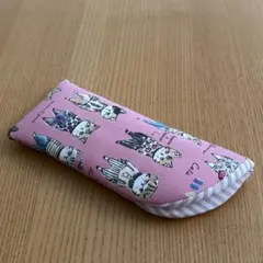 おしゃれ猫ピンク×ストライプピンク　ハンドメイドめがねケース