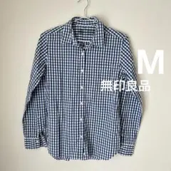 無印良品　Ｍ　青と白のギンガムチェック　長袖シャツ　カジュアル　羽織り コットン
