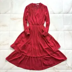 昭和レトロ プリーツロングワンピース 赤 レーヨン 日本製 9号 華やか