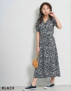 ベースメントオンライン　花柄カシュクールワンピース　ブラック