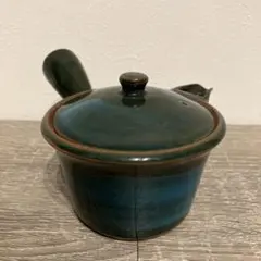 D-4 レトロ 陶器製 ティーポット 急須 深緑 青 グラデーション