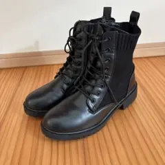 しまむら　ブラック ミリタリーブーツ レースアップ　ニットブーツ