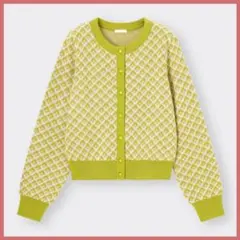 【ほぼ未使用】GU ジャカードカーディガン 52GREEN レトロ 長袖 L