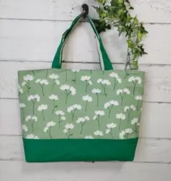 入園入学　レッスンバッグ　絵本袋　ハンドメイド　白い花　グリーン