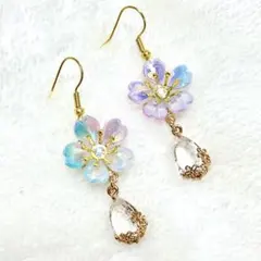 3月4月✿桜のクリスタルピアス❀ブルーグラデーション❀イヤリング変更可 春 和服