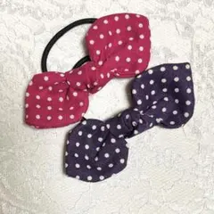 うさみみリボン ヘアゴム ハンドメイド♡水玉ピンク＆パープル×2点セット