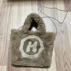 ファー トートバッグ ロゴ入り Ｈ　ベージュ ショルダー2ウェイ 美品