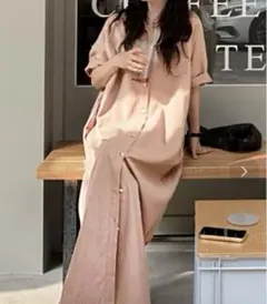 【美品】privatebeach 綿麻 ロングシャツワンピース ピンク L 夏のサムネイル