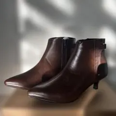 ブラウン アンクルブーツ 中ヒール ジッパー付き