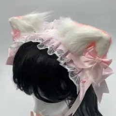 猫耳　ヘッドドレス　セット　ピンク　ヘアピン　リボン　フリル　【1153】