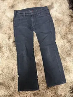 ダークグレー ストレートデニム フリンジ裾　L