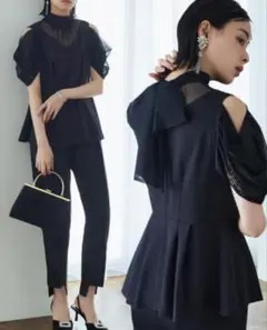 ルイルエブティック　オープンショルダートップス＆パンツセットアップ　ブラック