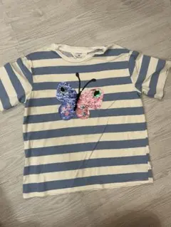 H&M 蝶刺繍 青白ストライプ Tシャツ