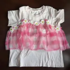 フラワー装飾付きピンクTシャツ　100