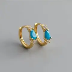 X464 ピアス レディース フープ トルコ石 ターコイズ ゴールド S925