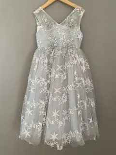 ピアノ発表会 ドレス 140 星柄 刺繍 ブルーグレー チュール 編み上げ 豪華