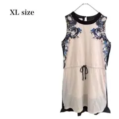 ノースリーブミニワンピース/ウエストドローコード/XL/ベージュ×ブラック