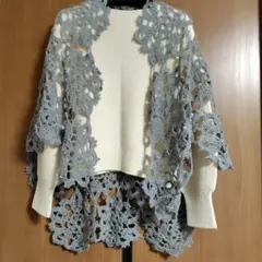 手編みグレー フラワーモチーフ ショール