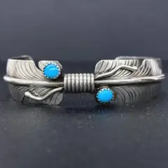 NAVAJO シルバー 925 ターコイズ ダブル フェザー デザイン バングル