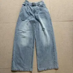 ライトブルー ダメージ加工 ワイドパンツ