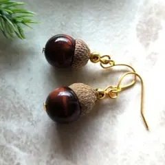 天然石どんぐりピアス　タイガーアイ　レッド③