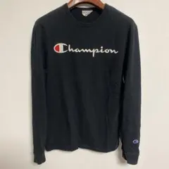 Champion ブラック 刺繍ロゴ 長袖カットソー S