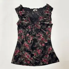 姫ギャルy2k00s グランジ☆レストローズ　薔薇　ノースリーブトップス　ベロア