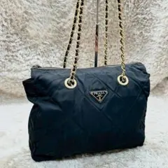 【美品】プラダ トートバッグ ショルダーバッグ ブラック チェーン 三角ロゴ