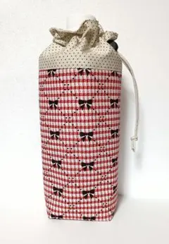 ハンドメイドペットボトルカバー　 赤チェック×黒リボン