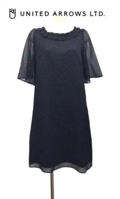 ユナイテッドアローズプリーツフレアスリーブ水玉ワンピースブラックブロンズ半袖膝丈