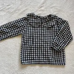 黒白チェック柄 大きな襟 長袖シャツ