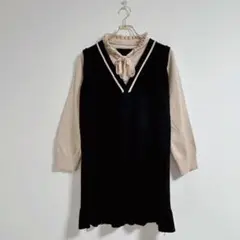黒とベージュのVネック ワンピース ひざ丈 長袖 七分袖 M
