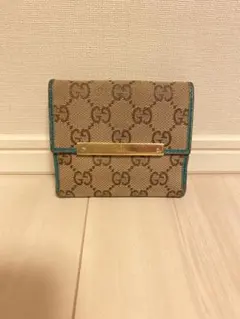 GUCCI GGキャンバス 二つ折り財布 ベージュ/ターコイズ
