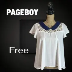 美品✨【PAGEBOY】花柄レース切替ブラウス　透け感　ツートン　さらさら　紺白