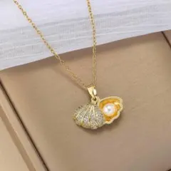 貝殻パールネックレス ゴールド フルパヴェ 上品なマリンモチーフ