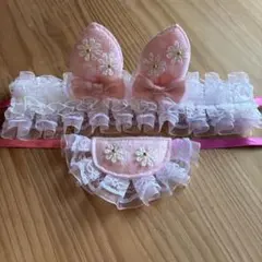 ぬい服 ヘッドドレスとスタイ2点セット うさ耳(ピンク) 12cmちびぐるみ