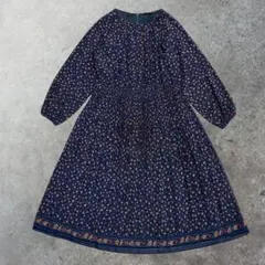 花柄ロングワンピース ネイビー系　総柄ワンピース　ロング丈　レトロ古着