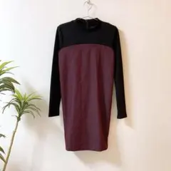 389 リブニット 切り替えワンピース ハイネック 長袖