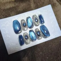 ジェルネイルチップ　ブルー✕シルバー　マグネット　額縁　エレガント