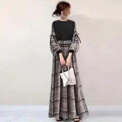 チェック柄バルーンスリーブロングワンピース