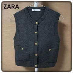 完売 ZARA ザラ 金ボタン ニット ベスト ジレ グレー S 刻印ボタン