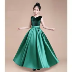 160 子供 ロング ドレス ピアノ Vネック サテン ワンピース 女の子