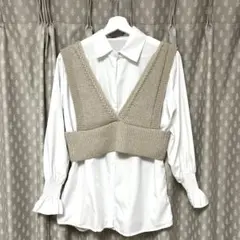 GUベージュ Vネックビスチェリボン,シャツ