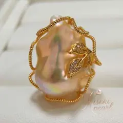 本真珠　淡水バロックパール　メタリックオレンジ虹干渉色　リングフリーサイズ　新品