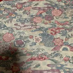 正絹　約35×100 明るい灰みの薄青緑に柔らかい色合いの花等　千草色