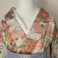 【三花】未使用品　洗える着物　袷　菊　和洋折衷　バチ衿　リユース