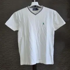 【訳あり】ポロラルフローレン Tシャツ Vネック ホワイト 紺ライン 刺繍 S