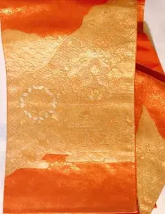 新品 袋帯 お太鼓柄 正絹 シルク 草花 金 オレンジ 金糸 訪問着 ゴールド