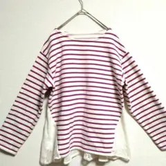 【美品】裏起毛ボーダー柄長袖トップス（白×ピンク）裾レース　Mサイズ
